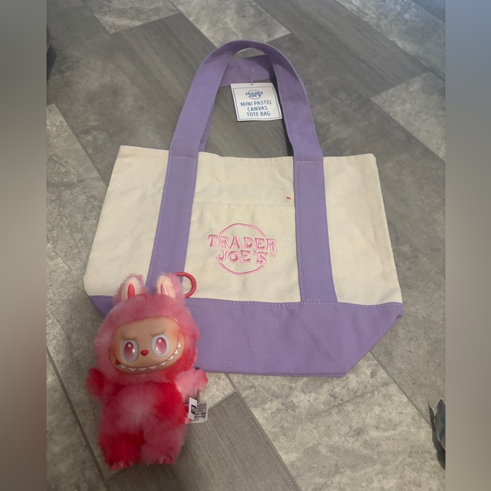 Trader Joe's mini canvas tote bag purple & Pop Mart labubu